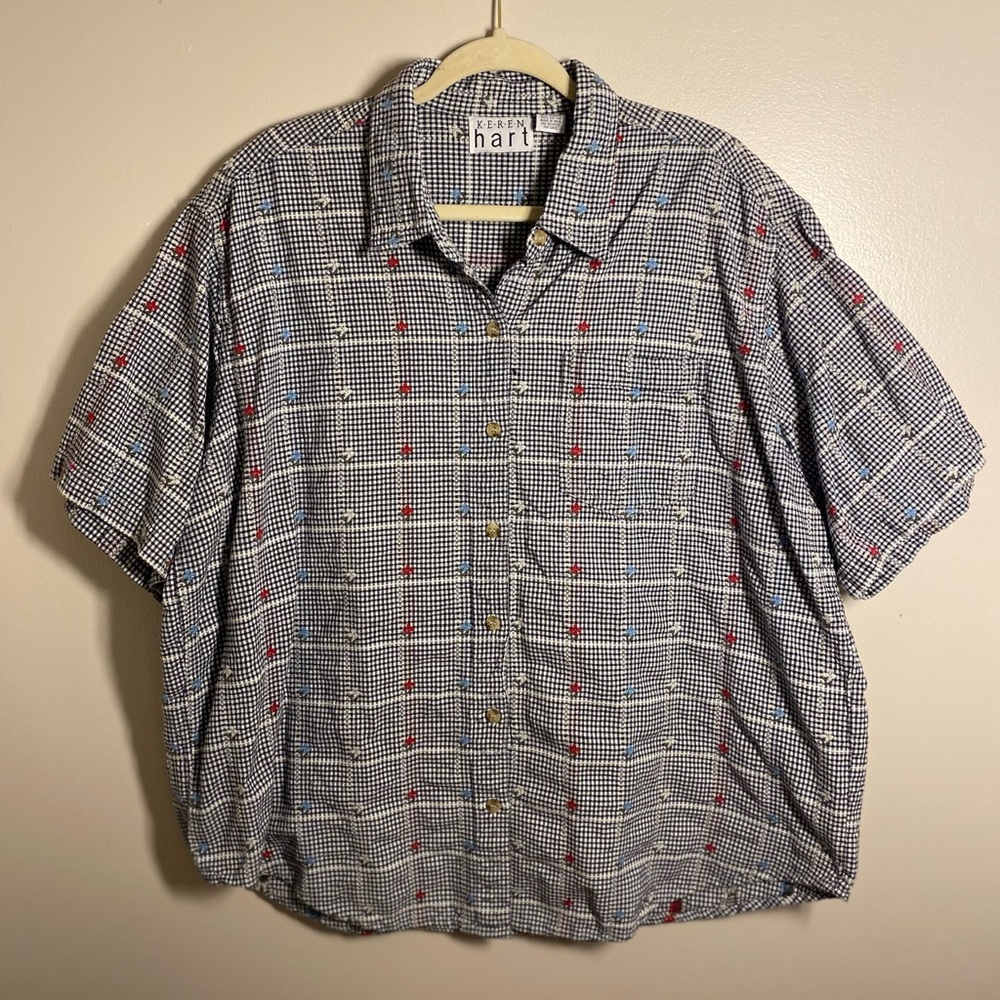Keren Hart Plaid Short Sleeve Embroidered Floral Top 4XL Red White Blue Black